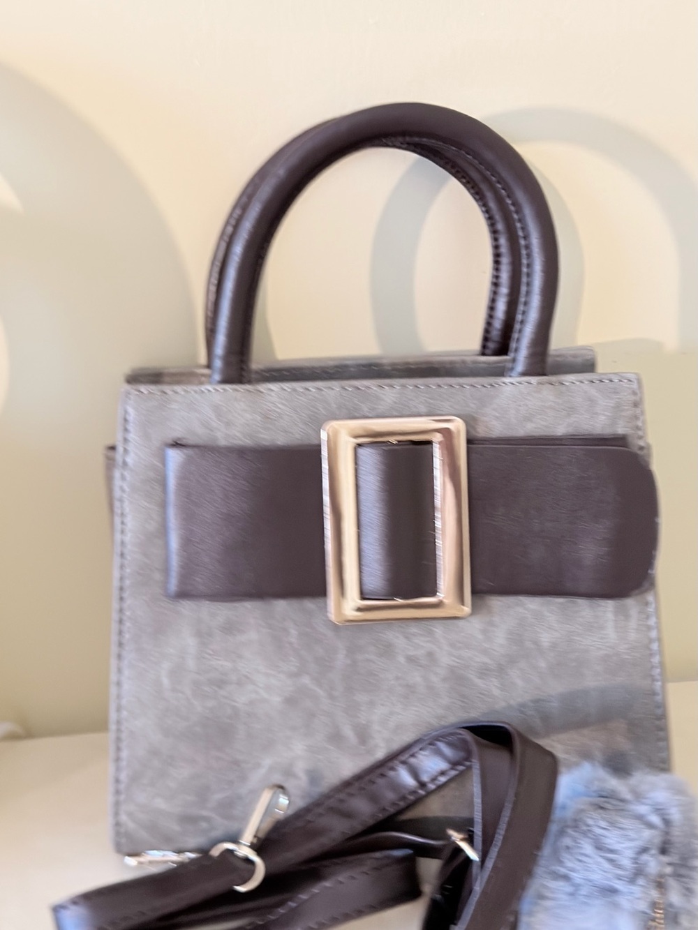 Gray Suede Top-Handle Satchel with Pom Pom Charm